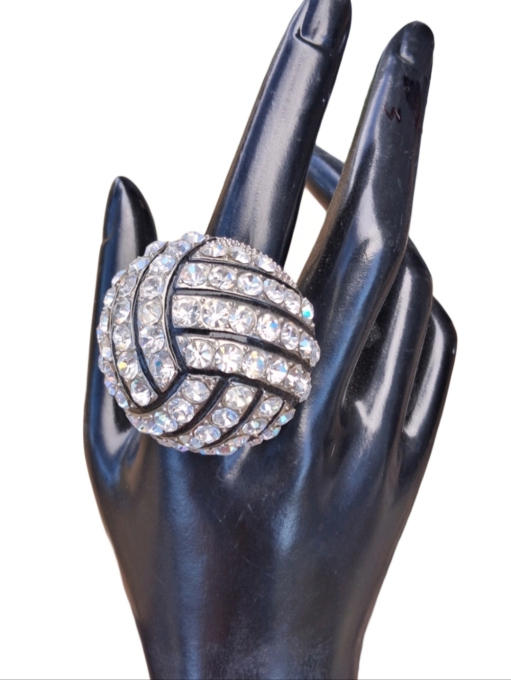 Paris Collection Rhinestone Volleyball Stretch Ring - Silver Tone
